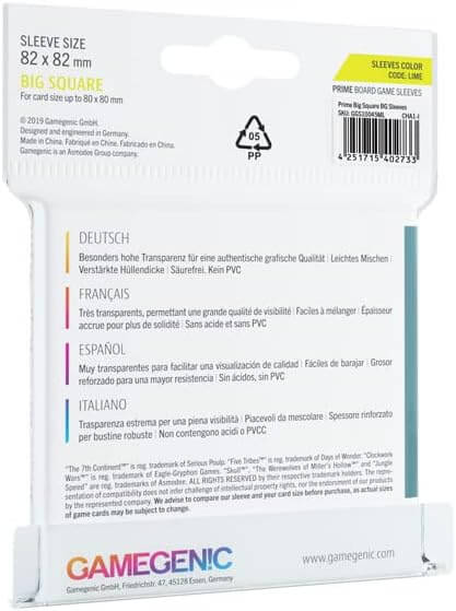 Prime Board Game Sleeves | Pack of 50 Extra-Clear Sleeves | 82 by 82 mm Card Sleeves Optimized for Use with Big Square Cards