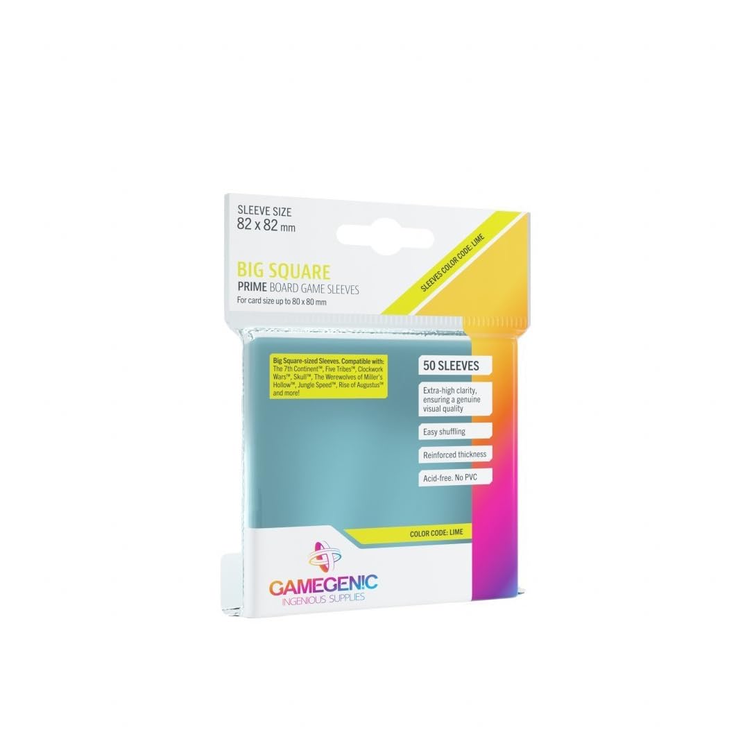Prime Board Game Sleeves | Pack of 50 Extra-Clear Sleeves | 82 by 82 mm Card Sleeves Optimized for Use with Big Square Cards