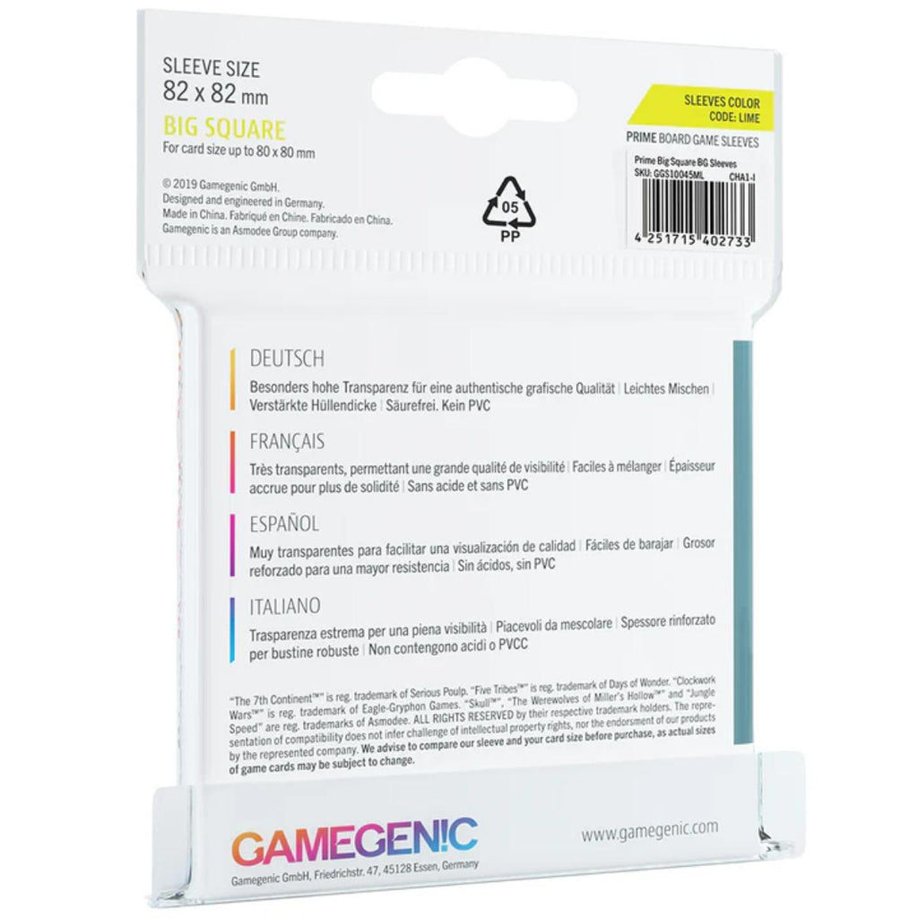 Prime Board Game Sleeves | Pack of 50 Extra-Clear Sleeves | 82 by 82 mm Card Sleeves Optimized for Use with Big Square Cards